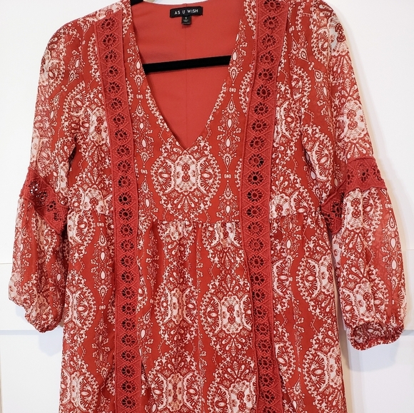 As U Wish Dress Cinnamon Rust Color Print Mini Boho Babydoll Lined Size … - Picture 4 of 16